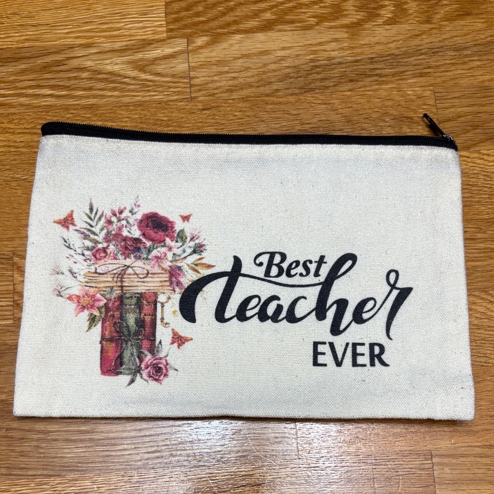 Best Teacher Ever Floral Canvas Pouch - Cream